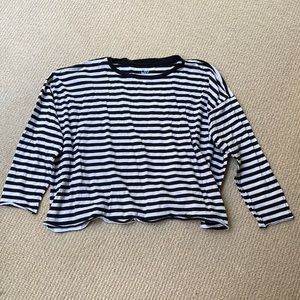 Planet Black & White Striped Boxy 3/4 Sleeve Crop Top Pima Cotton
